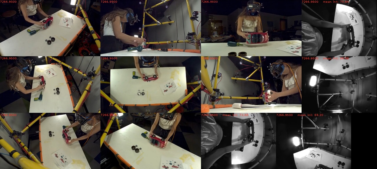 Twelve synchronized Assembly101 camera views of a participant working on a take-apart toy vehicle